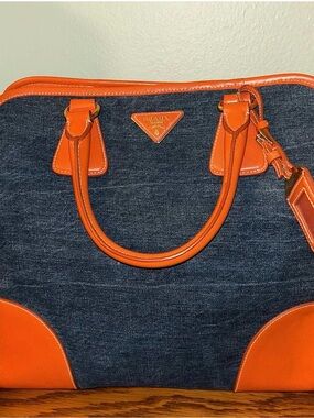 Prada Dark Denim Satchel with Bright Orange Leather Trim
